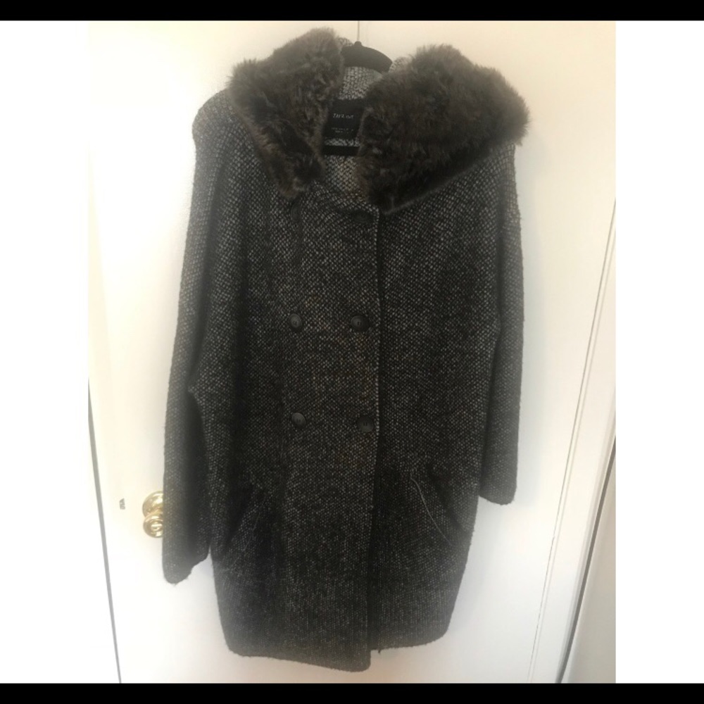 Zara grey wool fur hooded coat US Size: M